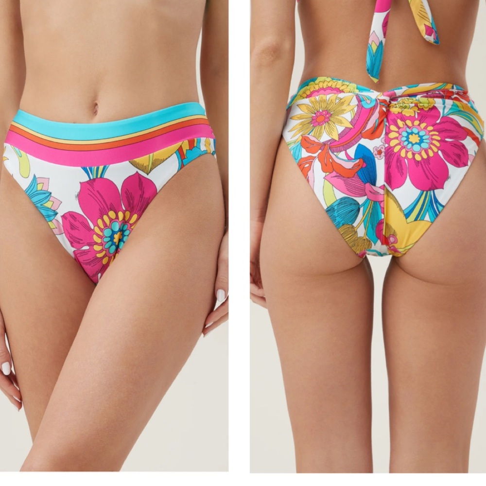 Trina Turk Floral High-Waist Bikini Bottoms in White, Pink, Turquoise, Yellow